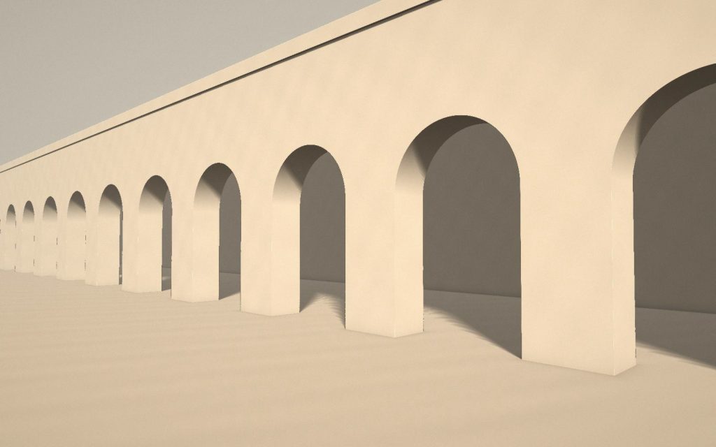A long exterior arcade of plain masonry arches, lit from the side so each pier casts a deep shadow.