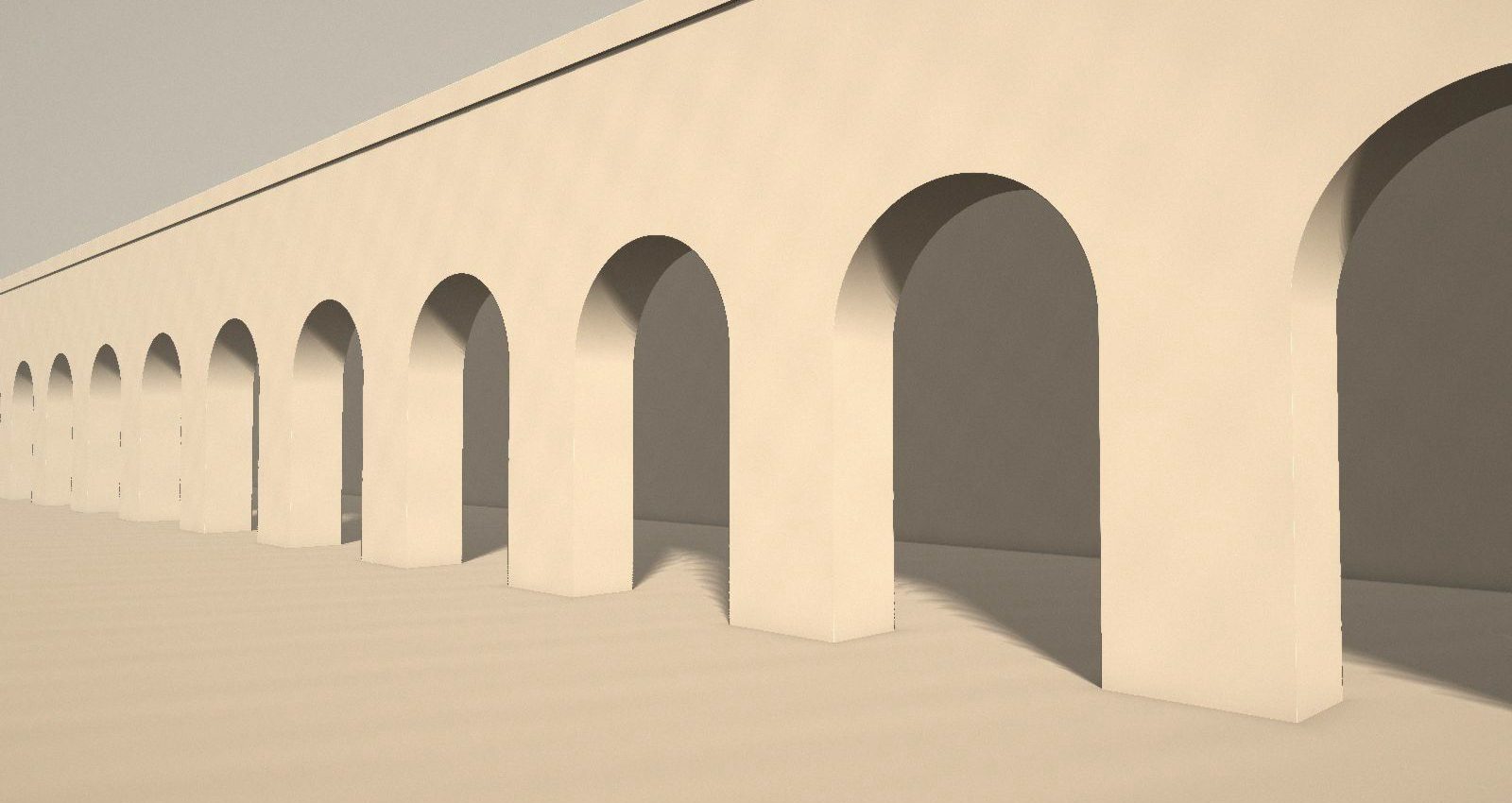 A long exterior arcade of plain masonry arches, lit from the side so each pier casts a deep shadow.