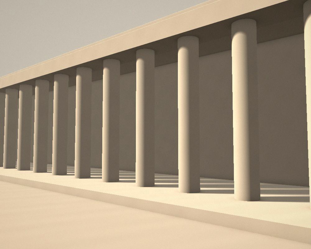A row of plain cylindrical columns carrying a flat entablature, photographed obliquely.