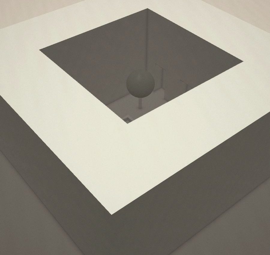 A square courtyard seen from above, the opening cut through a pale roof plane into shadow below.