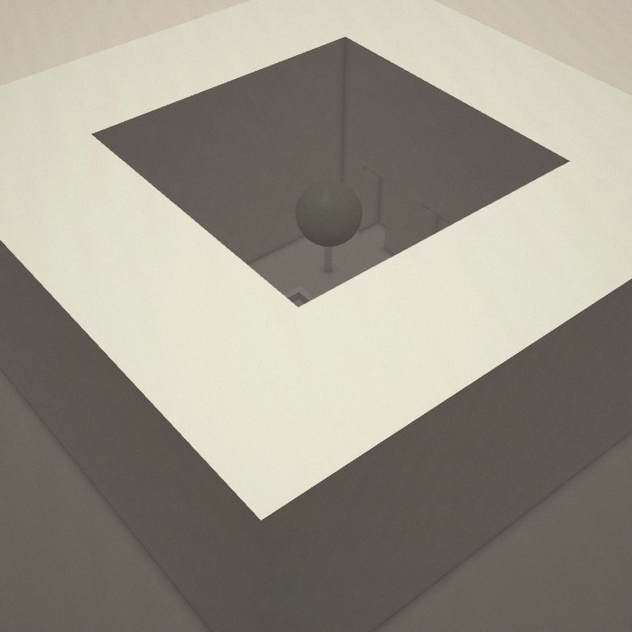 A square courtyard seen from above, the opening cut through a pale roof plane into shadow below.