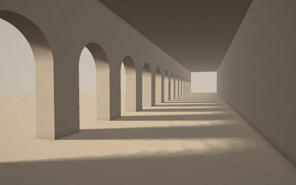 A long interior gallery lined with arches, receding to a bright opening at the far end.