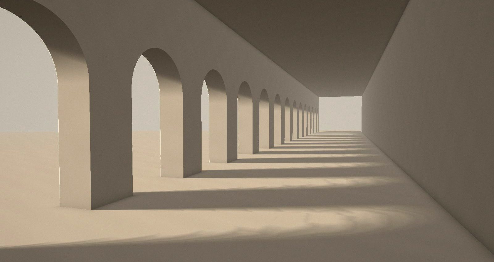 A long interior gallery lined with arches, receding to a bright opening at the far end.