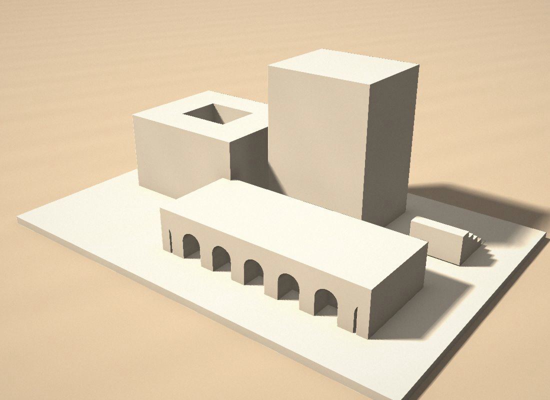 A white massing model of several volumes, including an arcaded wing, set on a flat base.